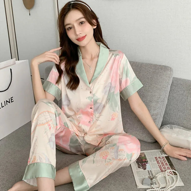 Casual Lapel Trousers Sleepwear Short Sleeve Long Loose Two -PCS Set