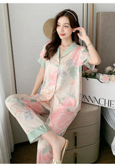 Casual Lapel Trousers Sleepwear Short Sleeve Long Loose Two -PCS Set
