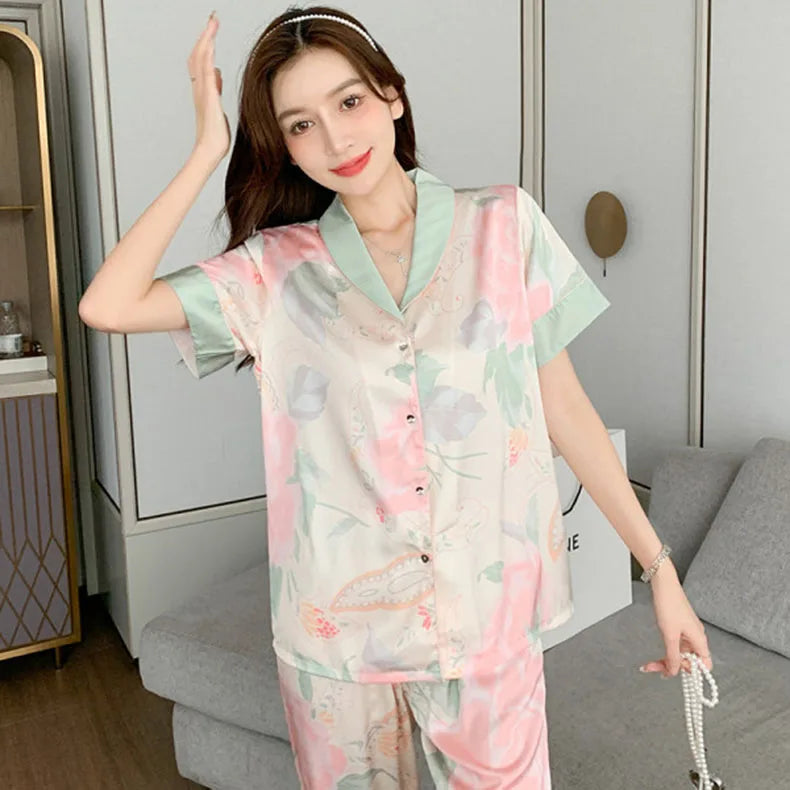 Casual Lapel Trousers Sleepwear Short Sleeve Long Loose Two -PCS Set