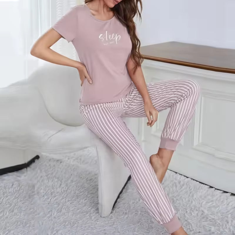 Casual Letter Short Sleeved Top Paired Bow Striped Leg Length Pajama Set