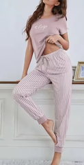Casual Letter Short Sleeved Top Paired Bow Striped Leg Length Pajama Set