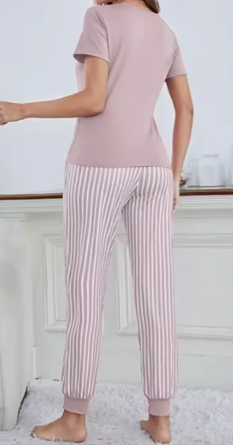 Casual Letter Short Sleeved Top Paired Bow Striped Leg Length Pajama Set