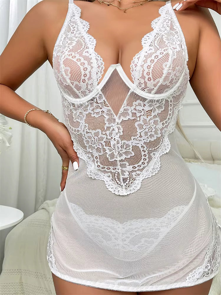 Casual Lingerie Naughty Lace Patchwork Split Underwire Sleepwear Nightwear