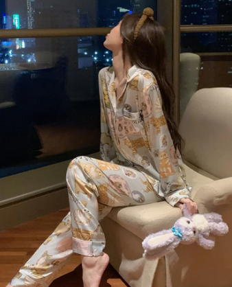 Casual Long Sleeve Long Trousers cartoon Sleepwear Two Piece Set