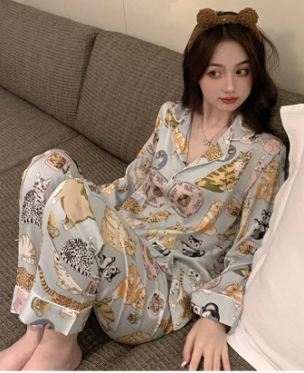 Casual Long Sleeve Long Trousers cartoon Sleepwear Two Piece Set