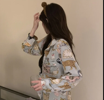 Casual Long Sleeve Long Trousers cartoon Sleepwear Two Piece Set