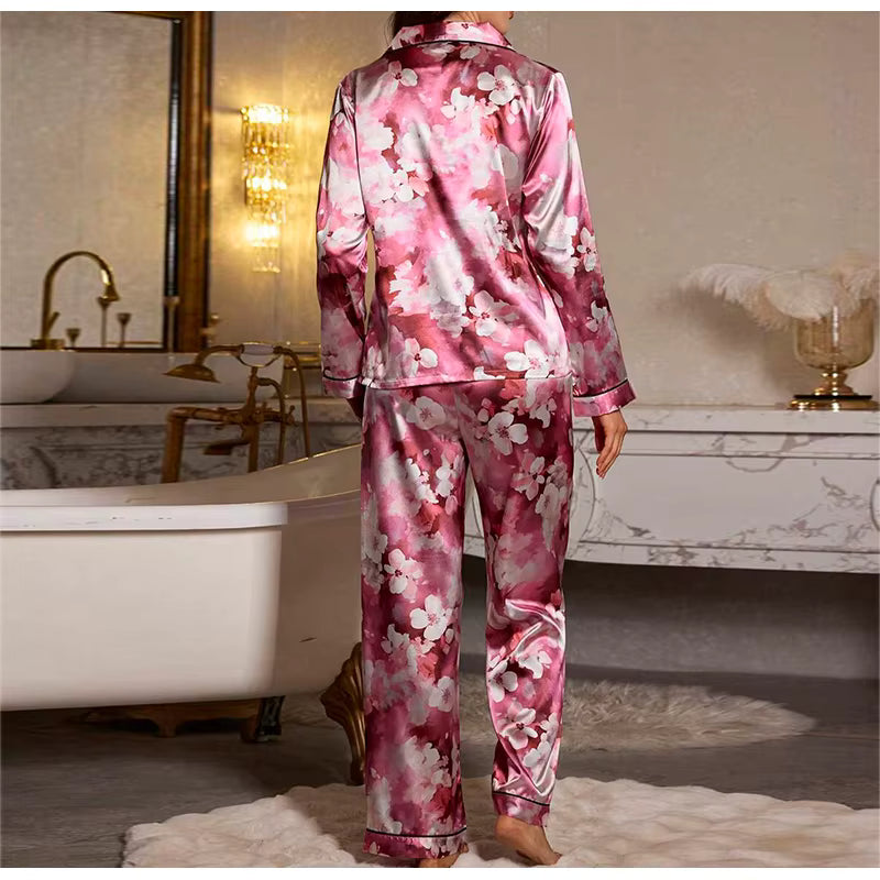 Casual Long Sleeved Top Elastic Waist Printed Sleepwear Two Piece Set
