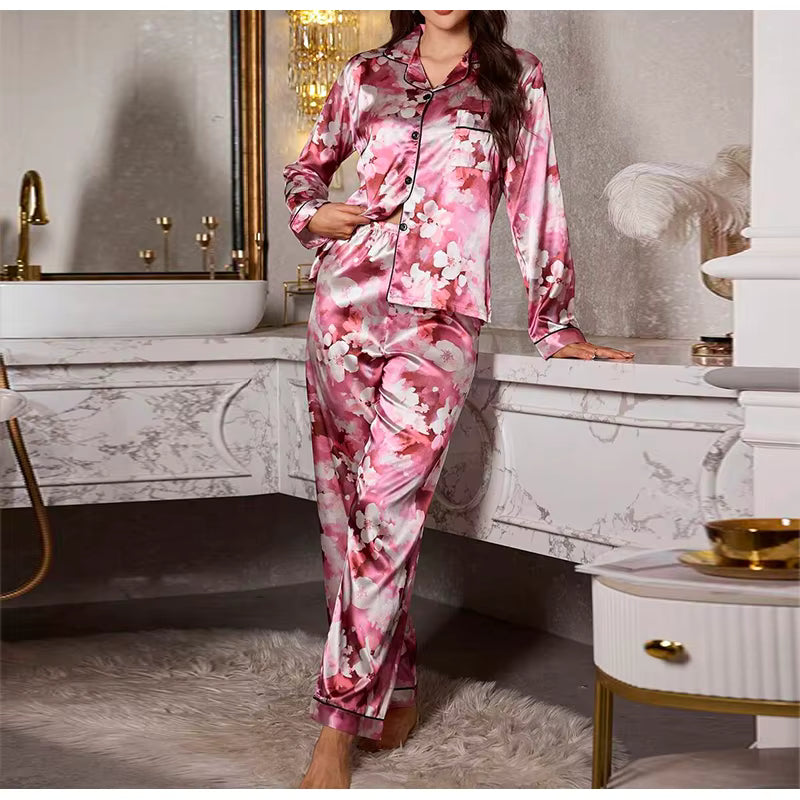 Casual Long Sleeved Top Elastic Waist Printed Sleepwear Two Piece Set