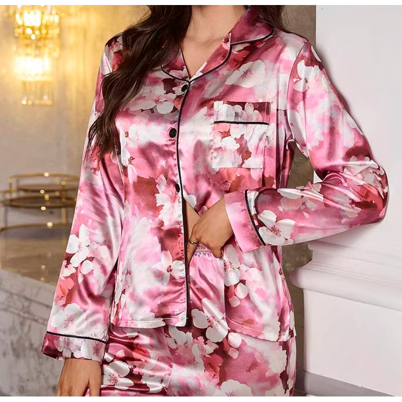 Casual Long Sleeved Top Elastic Waist Printed Sleepwear Two Piece Set