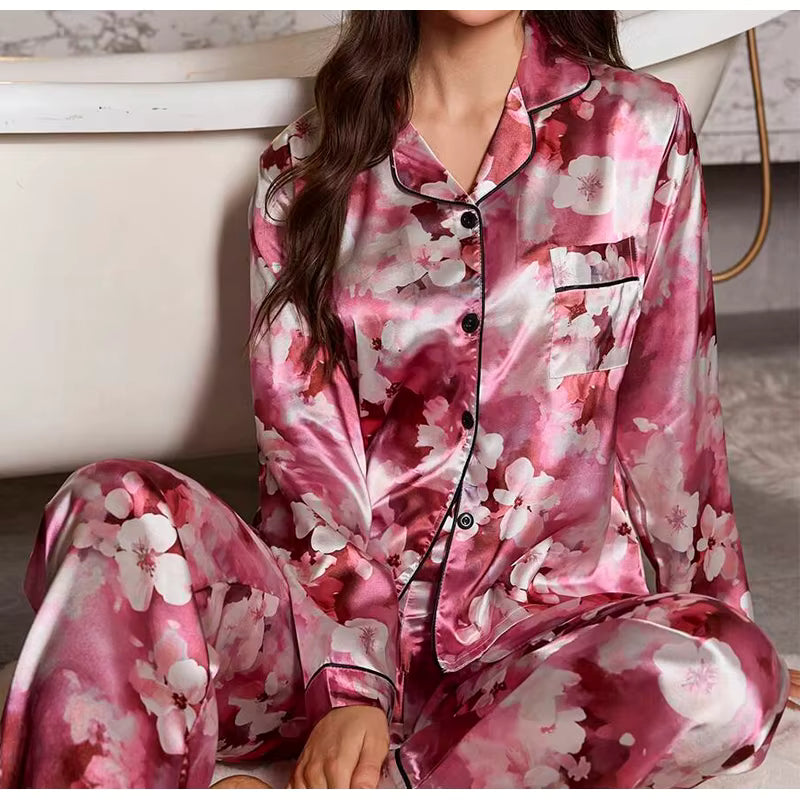 Casual Long Sleeved Top Elastic Waist Printed Sleepwear Two Piece Set