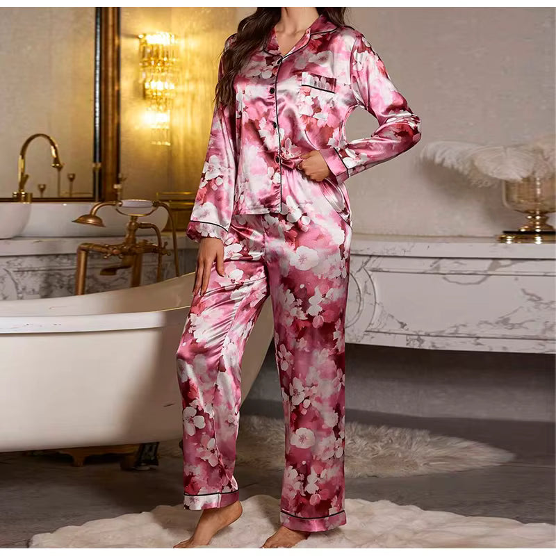 Casual Long Sleeved Top Elastic Waist Printed Sleepwear Two Piece Set