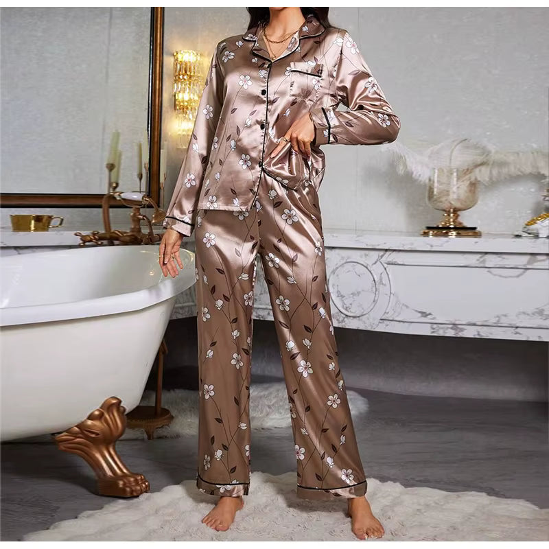 Casual Long Sleeved Top Long Pants Satin Printed Two piece set Night Dress