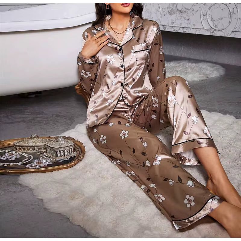 Casual Long Sleeved Top Long Pants Satin Printed Two piece set Night Dress
