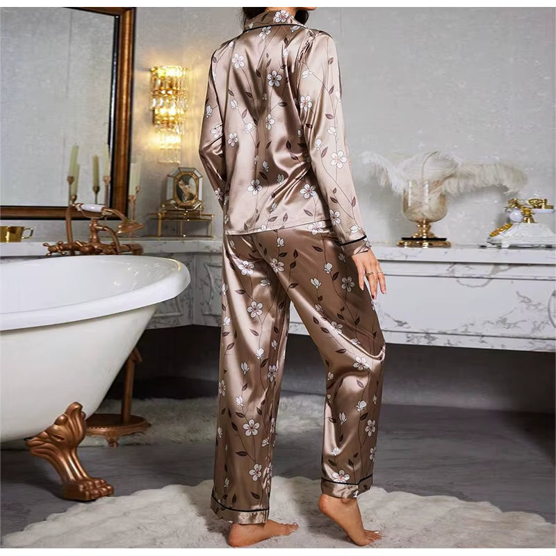 Casual Long Sleeved Top Long Pants Satin Printed Two piece set Night Dress