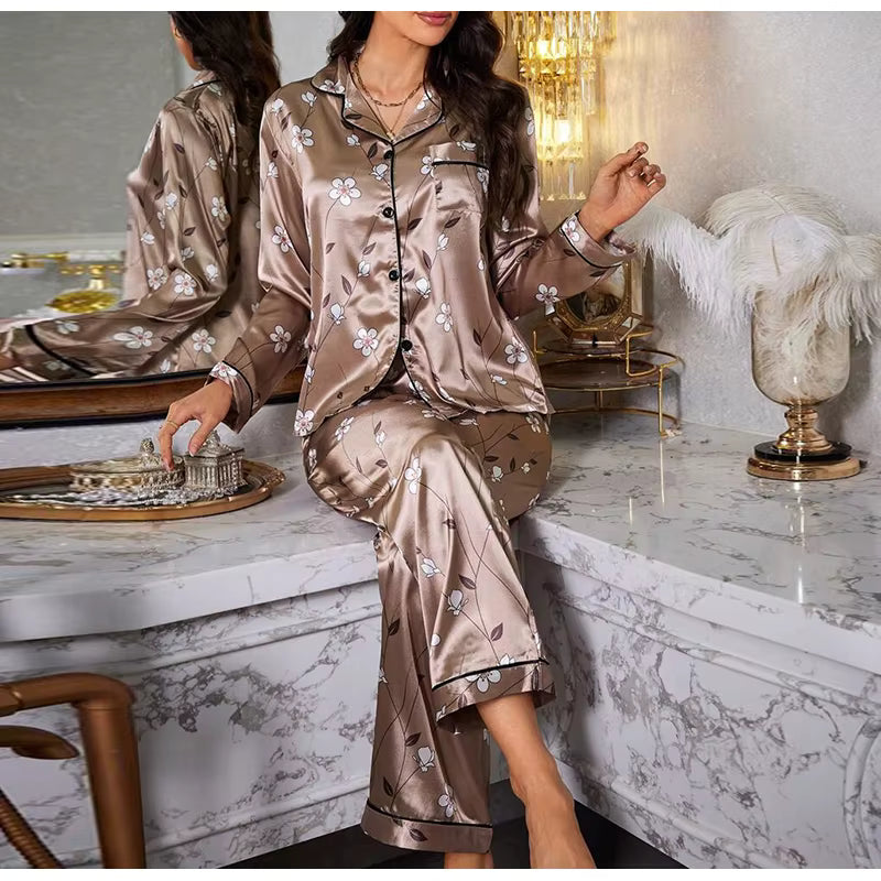 Casual Long Sleeved Top Long Pants Satin Printed Two piece set Night Dress