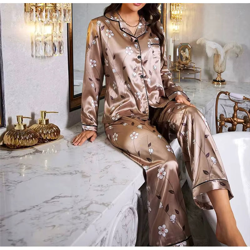 Casual Long Sleeved Top Long Pants Satin Printed Two piece set Night Dress