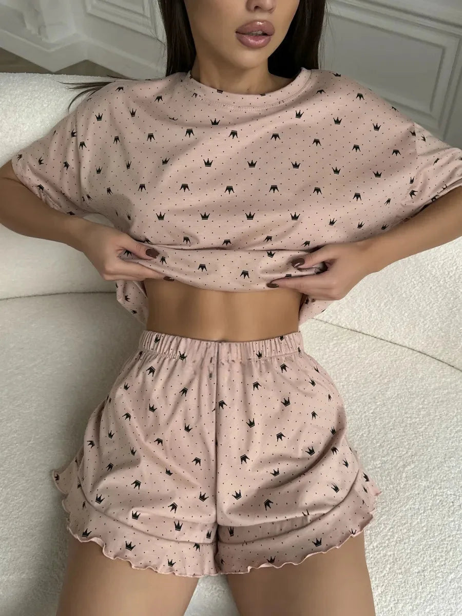 Casual Loose Fit Comfortable Round Neck Two-Piece Pajamas Set