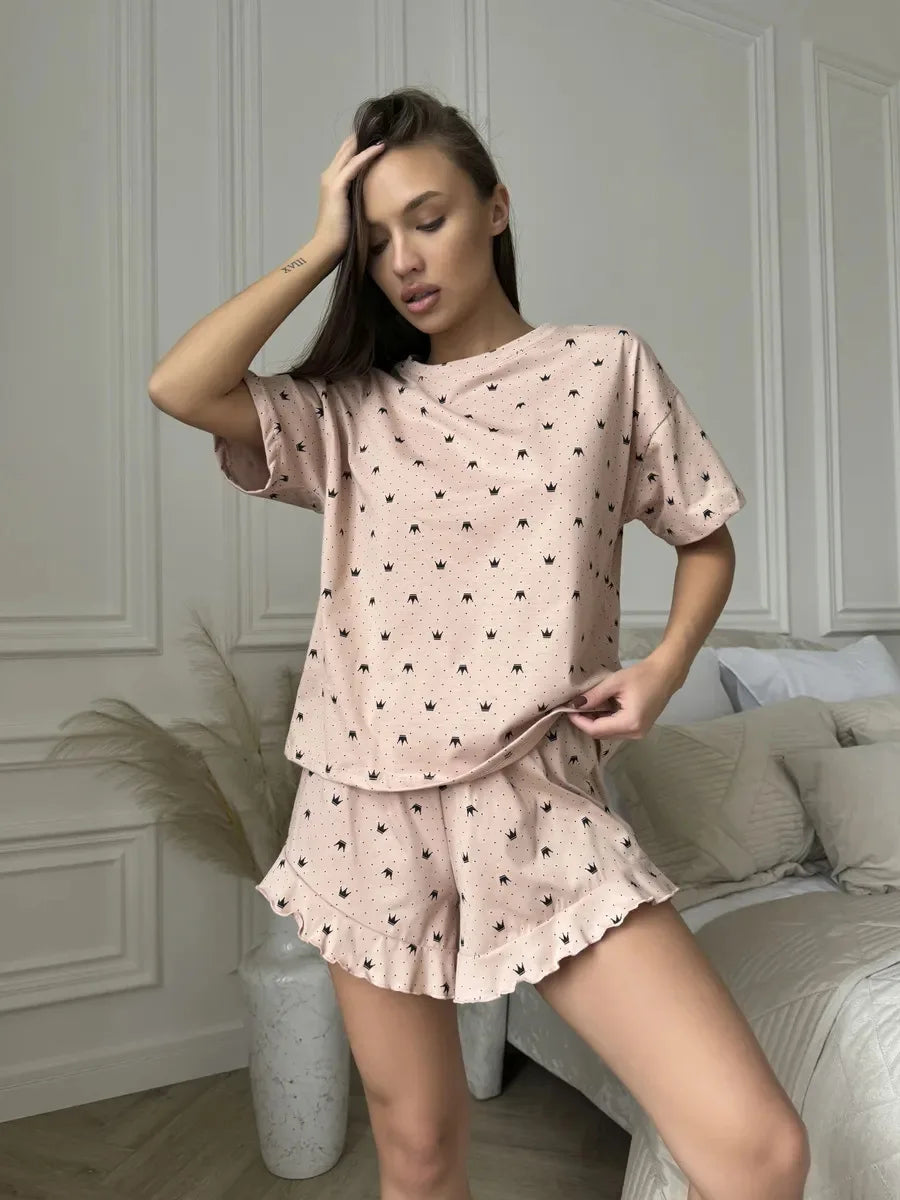 Casual Loose Fit Comfortable Round Neck Two-Piece Pajamas Set