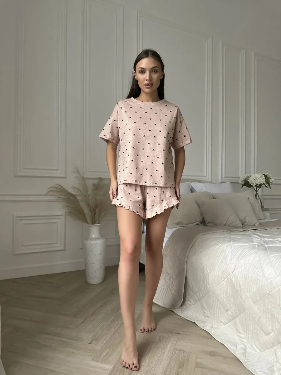 Casual Loose Fit Comfortable Round Neck Two-Piece Pajamas Set