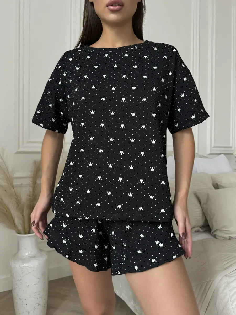 Casual Loose Fit Comfortable Round Neck Two-Piece Pajamas Set