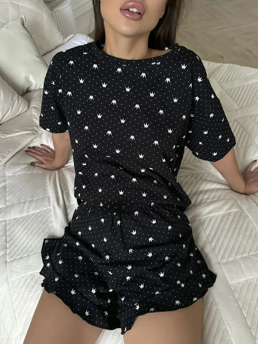 Casual Loose Fit Comfortable Round Neck Two-Piece Pajamas Set