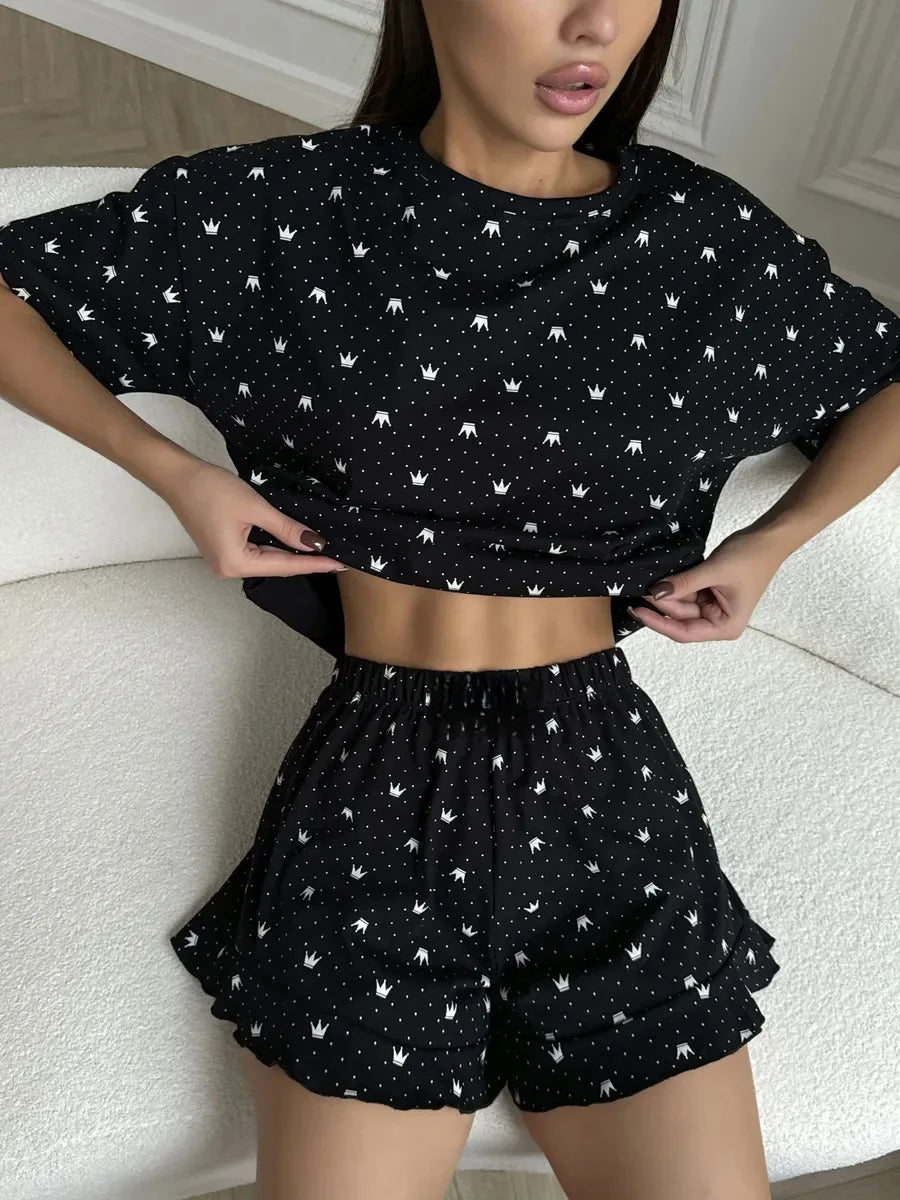 Casual Loose Fit Comfortable Round Neck Two-Piece Pajamas Set