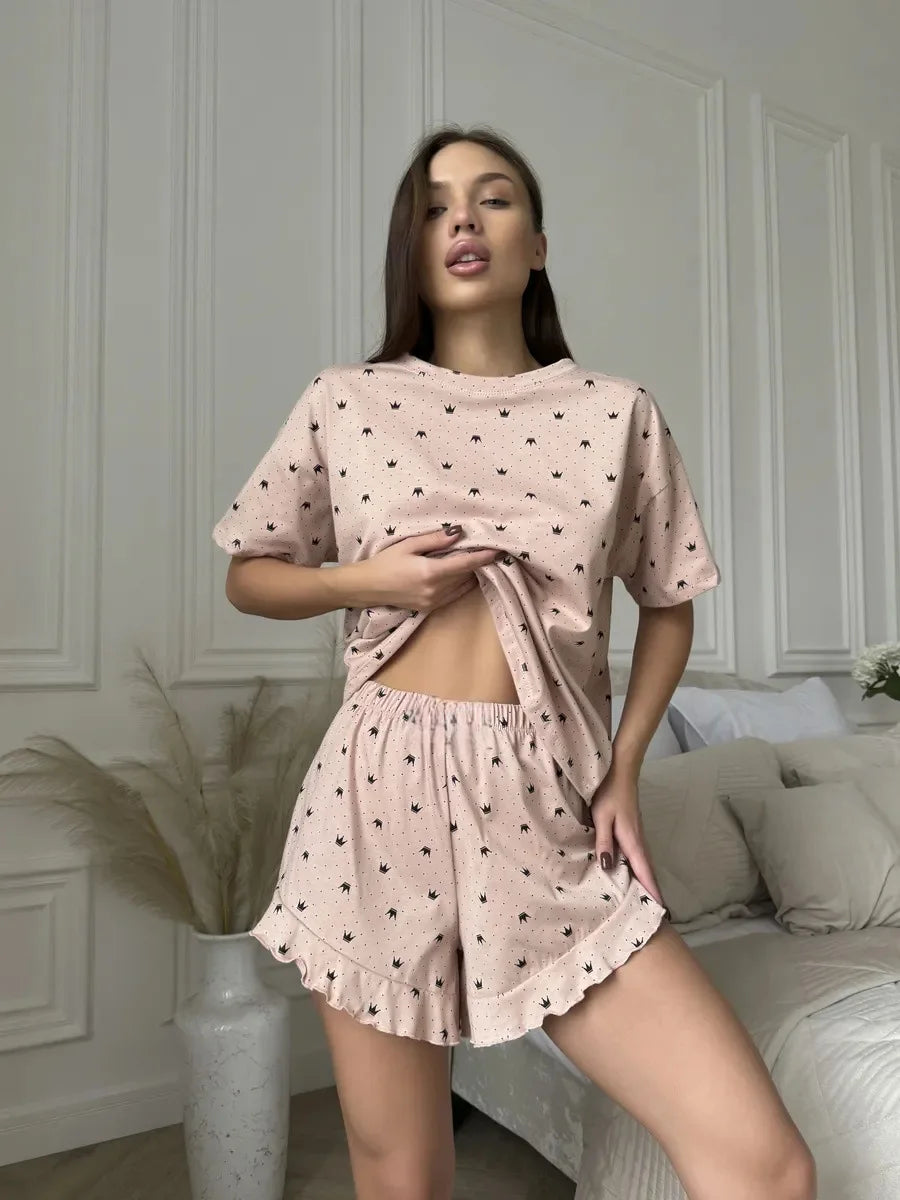 Casual Loose Fit Comfortable Round Neck Two-Piece Pajamas Set