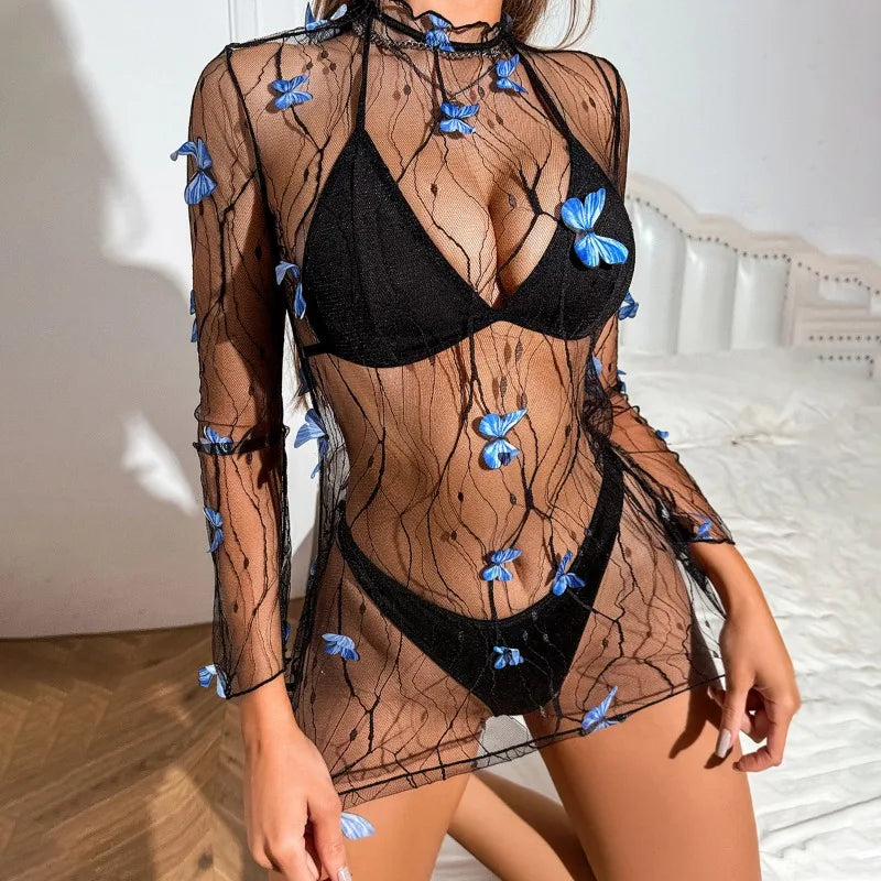 Casual Mesh Butterfly Print Mesh Pure Desire Avoid Temptation Three-piece