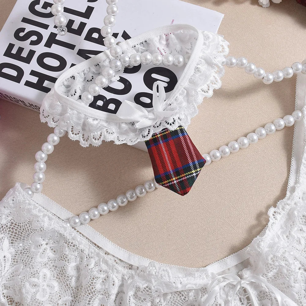 Casual Mesh See-through Lace Up Top Plaid Pleated Skirt Halter Lingerie Suit