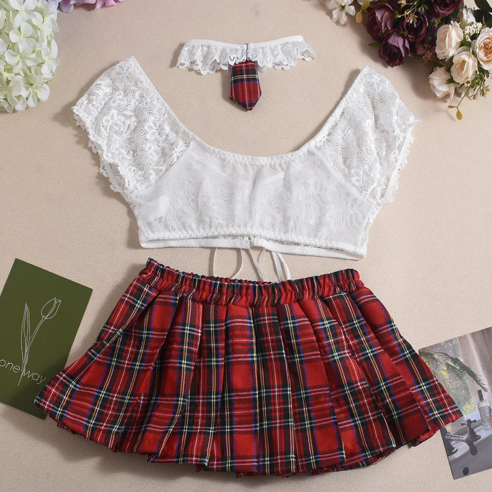 Casual Mesh See-through Lace Up Top Plaid Pleated Skirt Halter Lingerie Suit