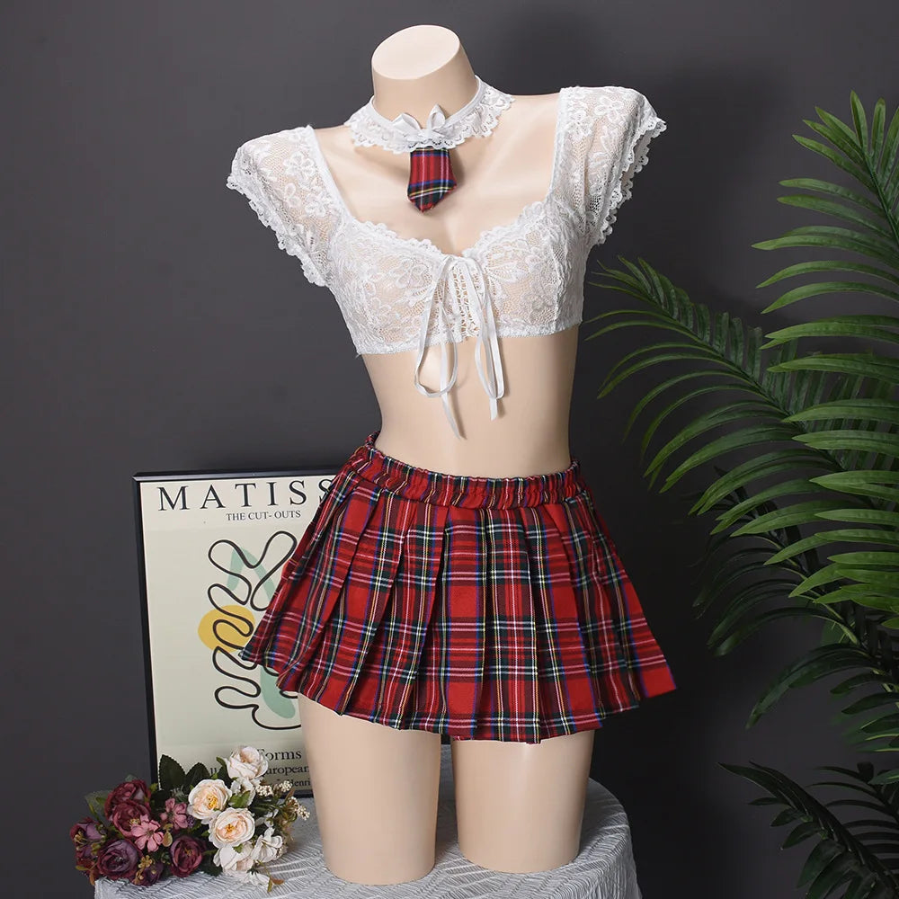 Casual Mesh See-through Lace Up Top Plaid Pleated Skirt Halter Lingerie Suit