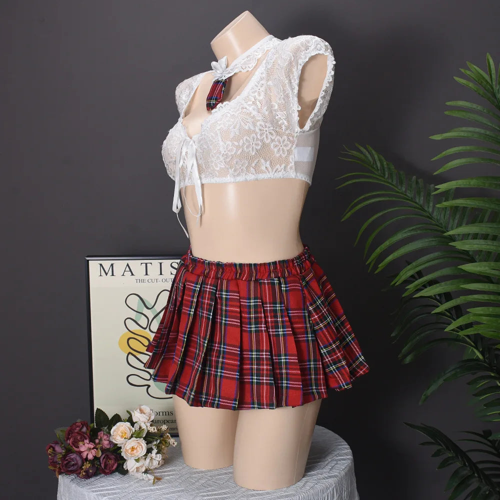 Casual Mesh See-through Lace Up Top Plaid Pleated Skirt Halter Lingerie Suit