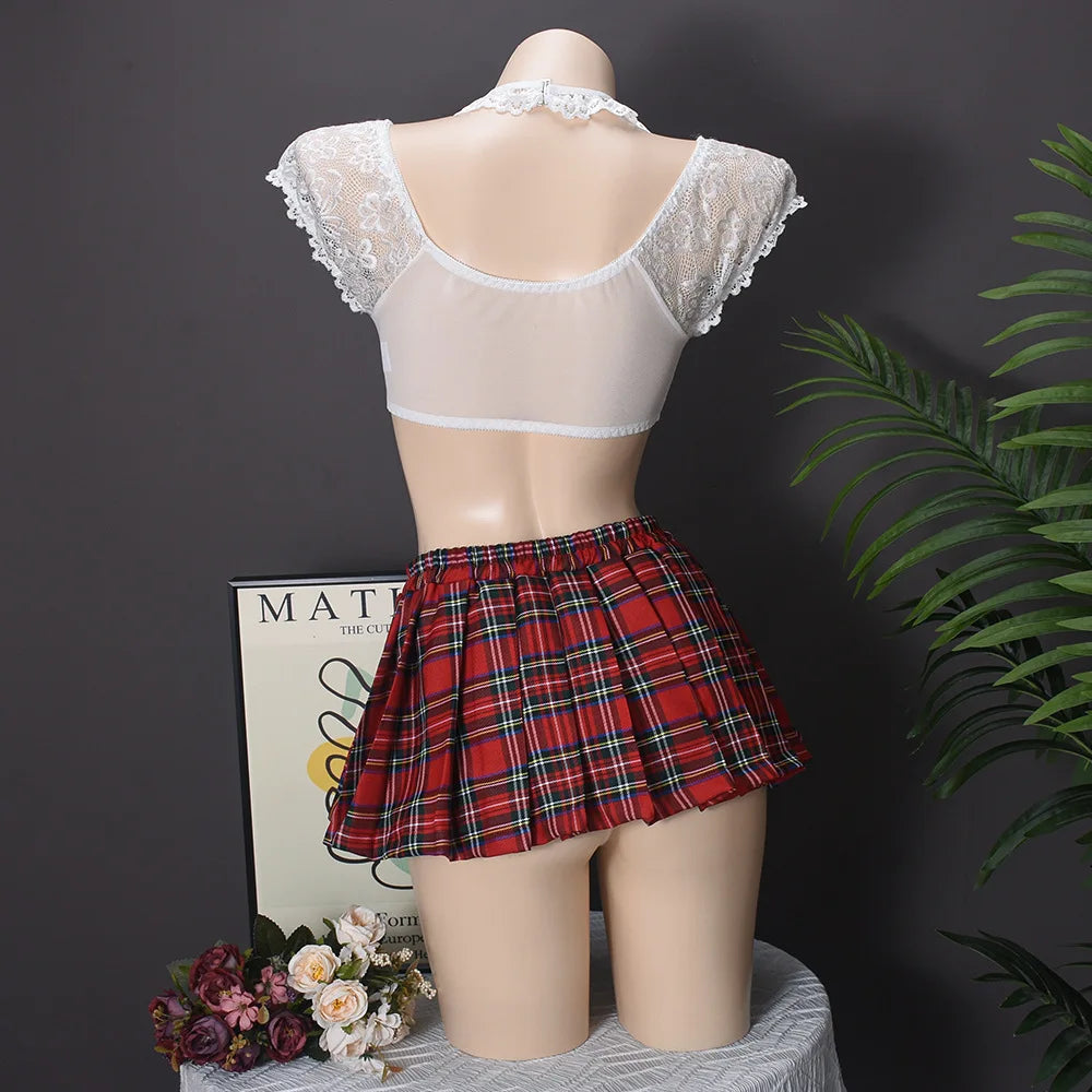 Casual Mesh See-through Lace Up Top Plaid Pleated Skirt Halter Lingerie Suit