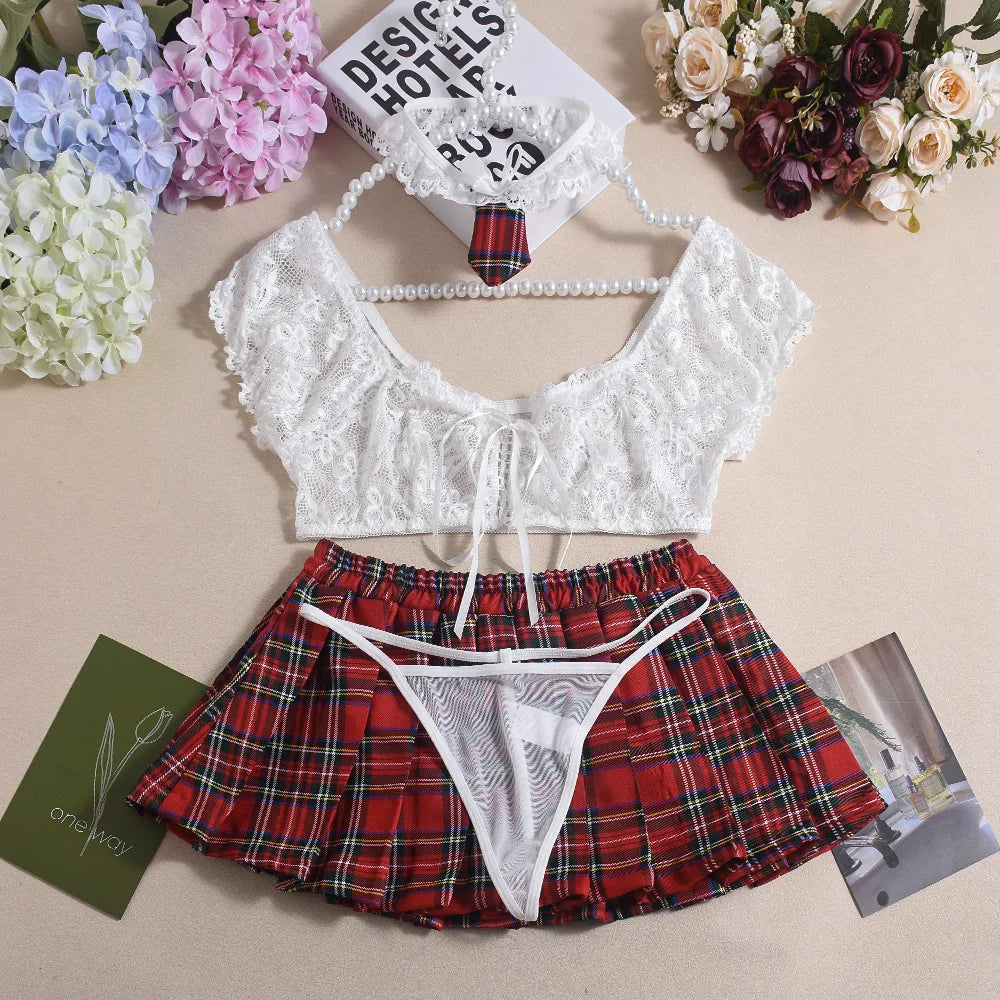 Casual Mesh See-through Lace Up Top Plaid Pleated Skirt Halter Lingerie Suit