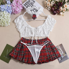 Casual Mesh See-through Lace Up Top Plaid Pleated Skirt Halter Lingerie Suit