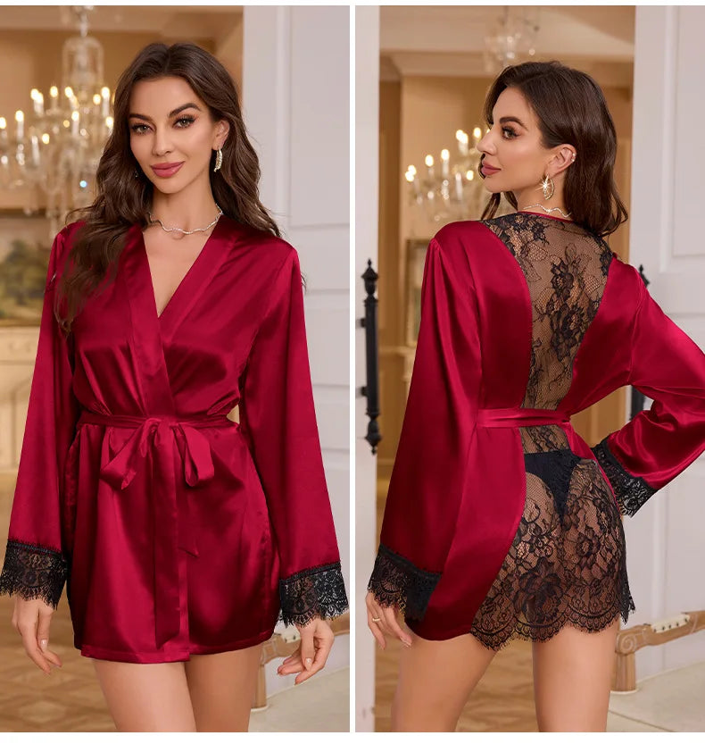 Casual Perspective Lace Satin Kimono Bathrobe Gown