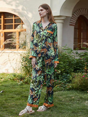 Casual Plants Printed  Long Sleeves Front Button 2 Pieces Set Pajamas