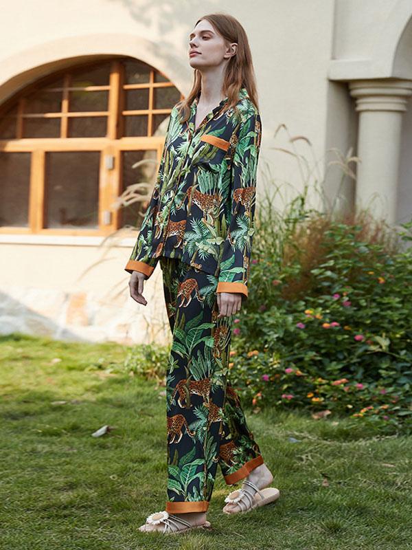 Casual Plants Printed  Long Sleeves Front Button 2 Pieces Set Pajamas