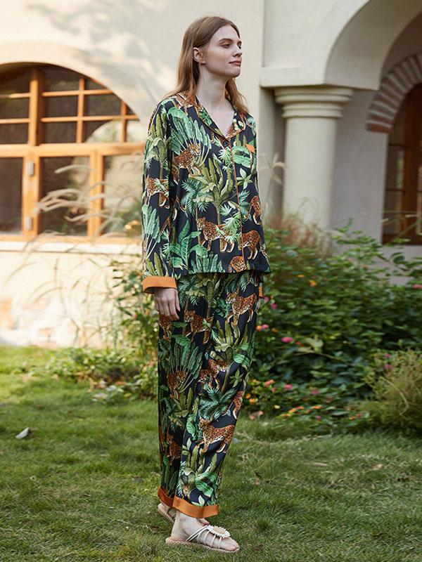 Casual Plants Printed  Long Sleeves Front Button 2 Pieces Set Pajamas