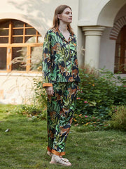 Casual Plants Printed  Long Sleeves Front Button 2 Pieces Set Pajamas