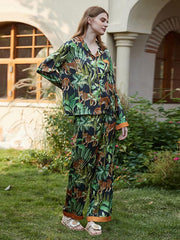 Casual Plants Printed  Long Sleeves Front Button 2 Pieces Set Pajamas