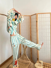 Casual Printed Cardigan Lapel Long Sleeve Two-piece Set