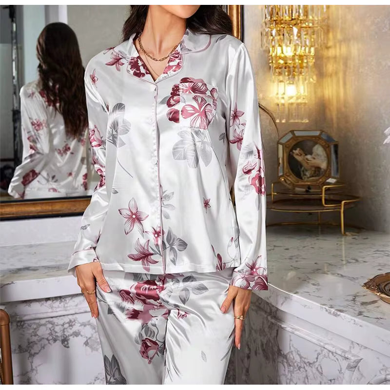 Casual Printed Long Sleeved Top Elastic Waist Long Sleepwear Two Piece Set