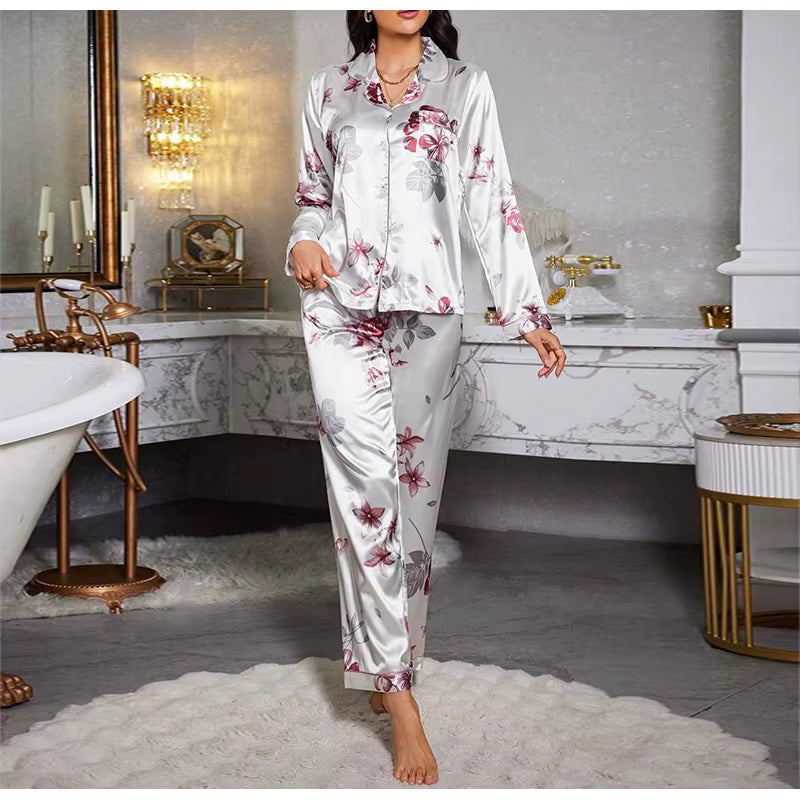 Casual Printed Long Sleeved Top Elastic Waist Long Sleepwear Two Piece Set