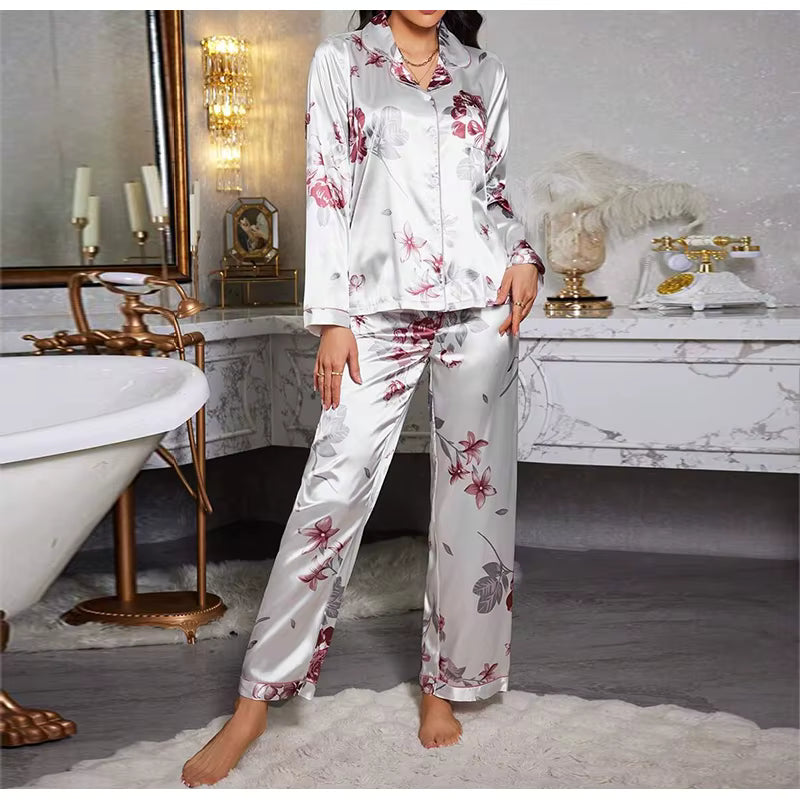 Casual Printed Long Sleeved Top Elastic Waist Long Sleepwear Two Piece Set