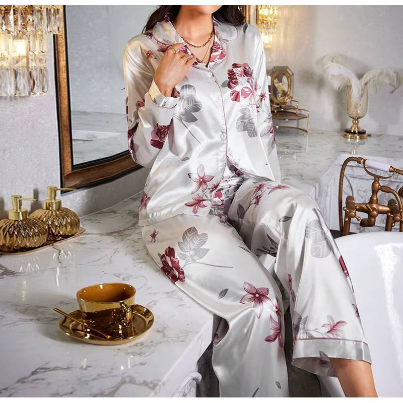 Casual Printed Long Sleeved Top Elastic Waist Long Sleepwear Two Piece Set