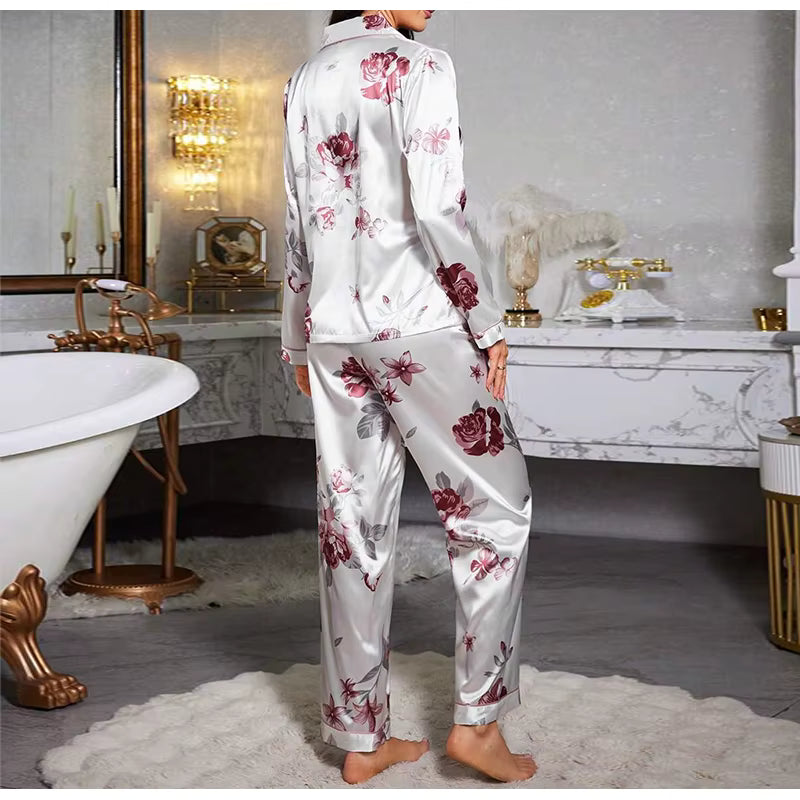 Casual Printed Long Sleeved Top Elastic Waist Long Sleepwear Two Piece Set