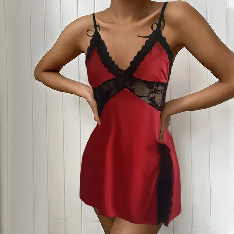 Casual Pure Colour Backless Lace Low Neck Nightgown Dresses