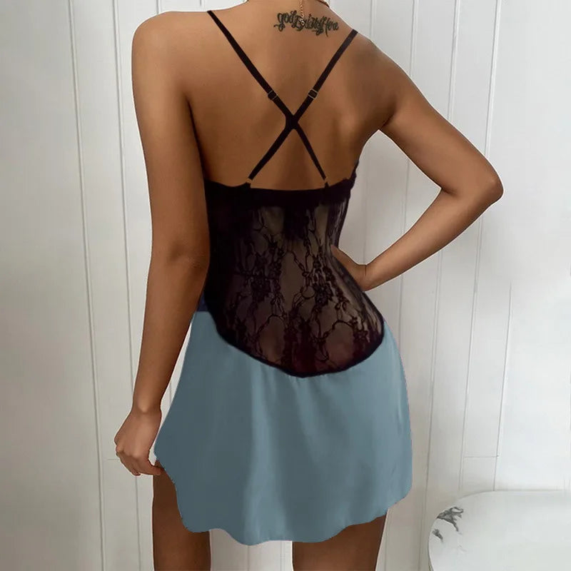 Casual Pure Colour Backless Lace Low Neck Nightgown Dresses