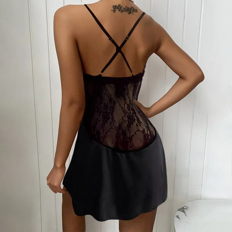 Casual Pure Colour Backless Lace Low Neck Nightgown Dresses